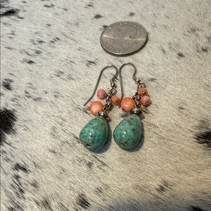 Delicate Turquoise and Coral Drop Earrings Silver